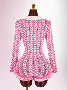 Amplova Contrast Color Striped Shirt Collar Long Sleeve Ruffle Button Women's Wavy Knit Crochet Handmade Jumpsuit, Suitable For Home, Date, Daily Wear In Autumn/Winter - Pink - View 7