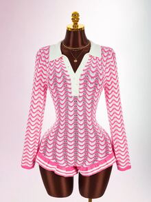 Amplova Contrast Color Striped Shirt Collar Long Sleeve Ruffle Button Women's Wavy Knit Crochet Handmade Jumpsuit, Suitable For Home, Date, Daily Wear In Autumn/Winter - Pink - View 12