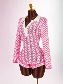 Amplova Contrast Color Striped Shirt Collar Long Sleeve Ruffle Button Women's Wavy Knit Crochet Handmade Jumpsuit, Suitable For Home, Date, Daily Wear In Autumn/Winter - Pink - View 2