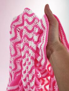 Amplova Contrast Color Striped Shirt Collar Long Sleeve Ruffle Button Women's Wavy Knit Crochet Handmade Jumpsuit, Suitable For Home, Date, Daily Wear In Autumn/Winter - Pink - View 13