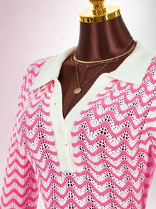 Amplova Contrast Color Striped Shirt Collar Long Sleeve Ruffle Button Women's Wavy Knit Crochet Handmade Jumpsuit, Suitable For Home, Date, Daily Wear In Autumn/Winter - Pink - View 10