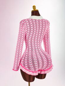 Amplova Contrast Color Striped Shirt Collar Long Sleeve Ruffle Button Women's Wavy Knit Crochet Handmade Jumpsuit, Suitable For Home, Date, Daily Wear In Autumn/Winter - Pink - View 11