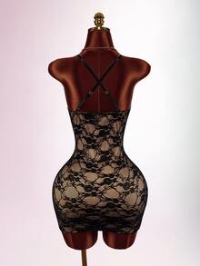 Amplova Vestido mini de fiesta sin mangas con aros, pedrería, ajustado, espalda descubierta y diseño cruzado - Negro - Ver 8