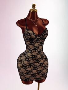 Amplova Vestido mini de fiesta sin mangas con aros, pedrería, ajustado, espalda descubierta y diseño cruzado - Negro - Ver 4