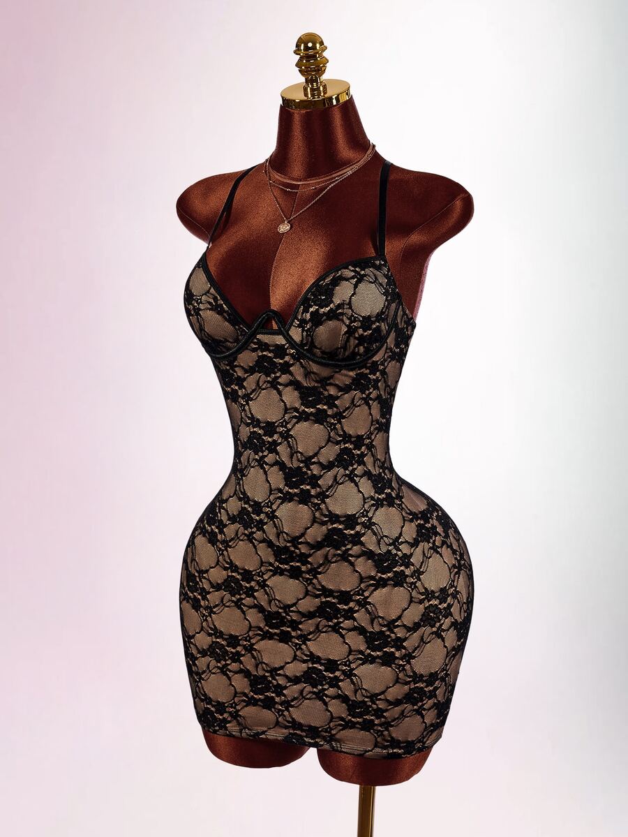 Amplova Vestido mini de fiesta sin mangas con aros, pedrería, ajustado, espalda descubierta y diseño cruzado - Negro - Ver 1
