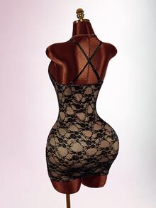 Amplova Vestido mini de fiesta sin mangas con aros, pedrería, ajustado, espalda descubierta y diseño cruzado - Negro - Ver 9