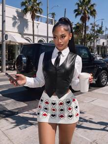 Amplova Ultra Low Waist Women's Knitted Heart Poker Card Crochet Mini Skirt Everyday School White And Black Fall Retro Cute - White - View 1