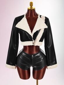 Amplova PU Leather Waterfall Collar Teddy Thermal Crop Coat - Black and White - View 3