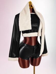 Amplova PU Leather Waterfall Collar Teddy Thermal Crop Coat - Black and White - View 6