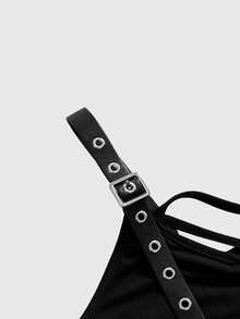 ROMWE Grunge Punk Plus Size Y2K Punk Sexy Pentagram Lace-Up Design Metal Strap Fitted Solid Color Versatile Bodysuit - Black - View 3