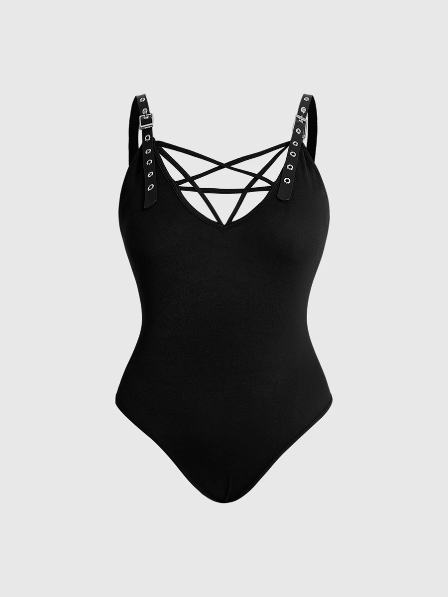 ROMWE Grunge Punk Plus Size Y2K Punk Sexy Pentagram Lace-Up Design Metal Strap Fitted Solid Color Versatile Bodysuit - Black - View 1