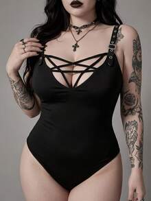 ROMWE Grunge Punk Plus Size Y2K Punk Sexy Pentagram Lace-Up Design Metal Strap Fitted Solid Color Versatile Bodysuit - Black - View 5