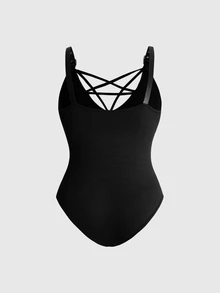 ROMWE Grunge Punk Plus Size Y2K Punk Sexy Pentagram Lace-Up Design Metal Strap Fitted Solid Color Versatile Bodysuit - Black - View 2