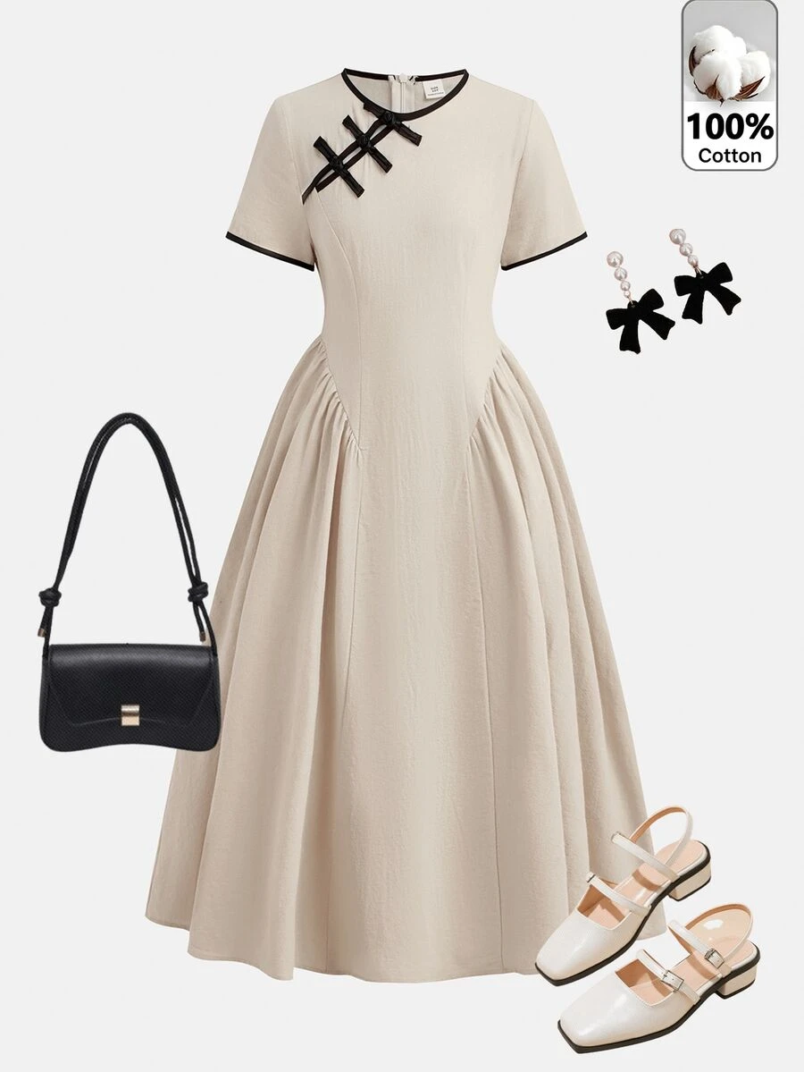 Pitira Tween Girl Beige Button Colorblock Frog Closure Mandarin Collar Cinched Waist Long Fall Dress, Black Dresses, Fall Outfits, Wedding, Evening Wear - Apricot - View 1