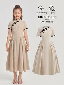 Pitira Tween Girl Beige Button Colorblock Frog Closure Mandarin Collar Cinched Waist Long Fall Dress, Black Dresses, Fall Outfits, Wedding, Evening Wear - Apricot - View 3