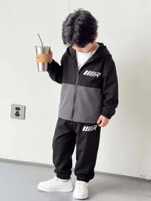 SHEIN 2pcs/Set Kids Young Boy Autumn/Winter Casual Colorblock Hooded Long Sleeve Open Front Jacket & Elastic Waist Long Pants Set, Boys Outfit - Multicolor - View 1