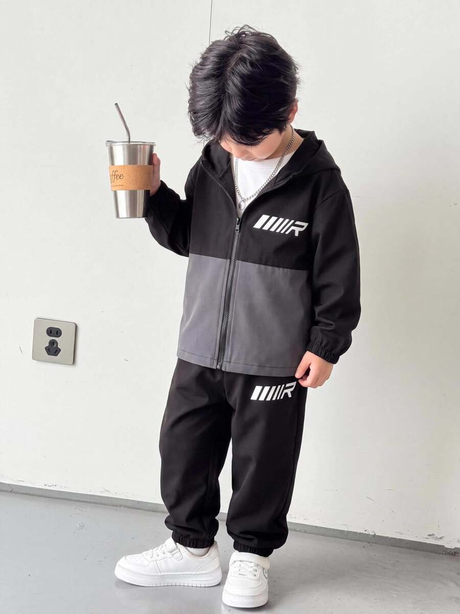 SHEIN 2pcs/Set Kids Young Boy Autumn/Winter Casual Colorblock Hooded Long Sleeve Open Front Jacket & Elastic Waist Long Pants Set, Boys Outfit - Multicolor - View 1