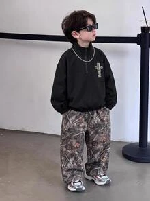 SHEIN 2pcs/Set Kids Young Boy Autumn/Winter Casual Stand Collar Jacket & Pants Camouflage Outfit, Boys Jacket Set, Autumn/Winter Outfit - Multicolor - View 1