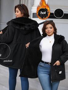 Reflora Plus Size Faux Rabbit Fur Lined Parka Hooded Jacket With Long Sleeves Holiday Going Out Black Winter Casual Baggy - Black - View 3