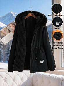 Reflora Plus Size Faux Rabbit Fur Lined Parka Hooded Jacket With Long Sleeves Holiday Going Out Black Winter Casual Baggy - Black - View 2