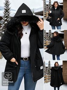Reflora Plus Size Faux Rabbit Fur Lined Parka Hooded Jacket With Long Sleeves Holiday Going Out Black Winter Casual Baggy - Black - View 1