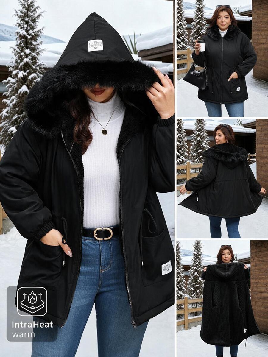 Reflora Plus Size Faux Rabbit Fur Lined Parka Hooded Jacket With Long Sleeves Holiday Going Out Black Winter Casual Baggy - Black - View 1
