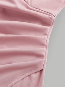 SHEIN Pitira 少女派对礼服，侧边褶裥粉色纯色针织吊带伴娘礼服，优雅正式晚宴舞会婚礼宾客礼服，毕业典礼、晚宴派对礼服 - 粉色 - 查看 6