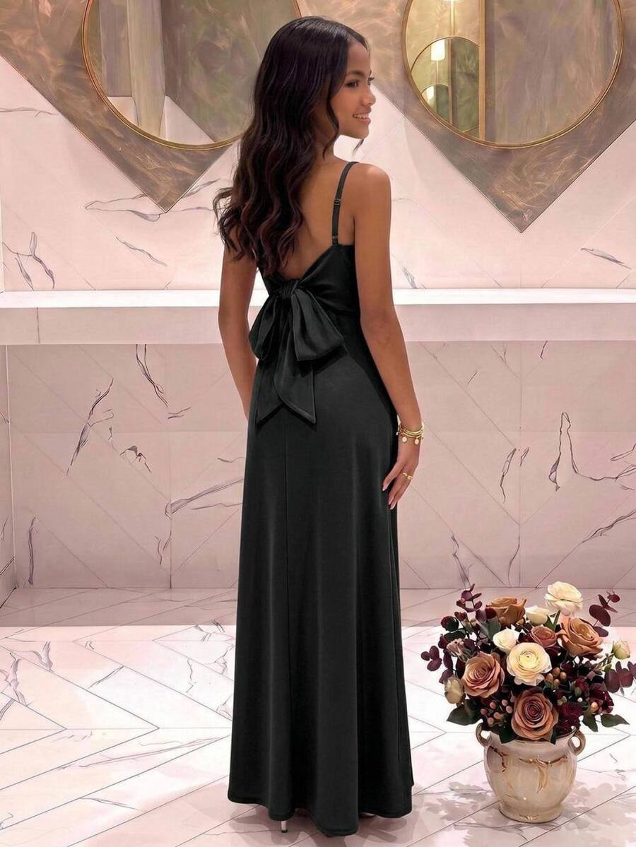 Pitira Tween Girl Elegant Formal Black Summer Satin Spaghetti Strap Bridesmaid Dress, Pleated Side Backless Gown With Bow For Party, Prom & Graduation - Black - View 1