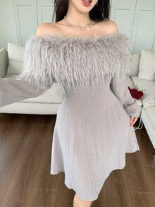 Modelyn Fuzzy Dusty Mauve Off Shoulder Knit Dress Dinner Tea Party Date Fall Romantic Elegant - Grey - View 4