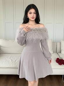 Modelyn Fuzzy Dusty Mauve Off Shoulder Knit Dress Dinner Tea Party Date Fall Romantic Elegant - Grey - View 1