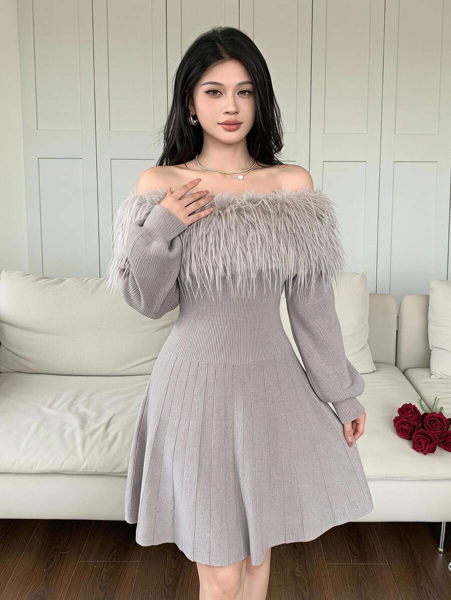 Modelyn Fuzzy Dusty Mauve Off Shoulder Knit Dress Dinner Tea Party Date Fall Romantic Elegant - Grey - View 1