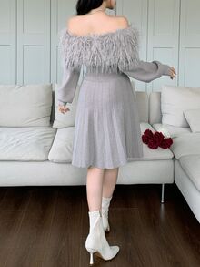 Modelyn Fuzzy Dusty Mauve Off Shoulder Knit Dress Dinner Tea Party Date Fall Romantic Elegant - Grey - View 2