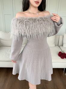 Modelyn Fuzzy Dusty Mauve Off Shoulder Knit Dress Dinner Tea Party Date Fall Romantic Elegant - Grey - View 3