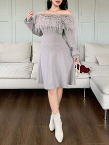 Modelyn Fuzzy Dusty Mauve Off Shoulder Knit Dress Dinner Tea Party Date Fall Romantic Elegant - Grey - View 5