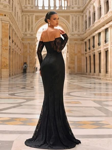 Glamrae Elegant Luxurious Stretchy Lace Off Shoulder Strapless Dress With Detachable Sheer Sleeves,Mermaid Hem And Slit For Weddings,Parties&Formal Galas - Black - View 4