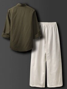 Airaco Men's Solid Color Long Sleeve Shirt And Long Pants Casual Daily Outfit - Multicolor - View 2