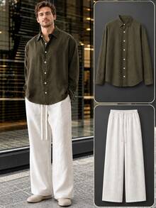 Airaco Men's Solid Color Long Sleeve Shirt And Long Pants Casual Daily Outfit - Multicolor - View 1