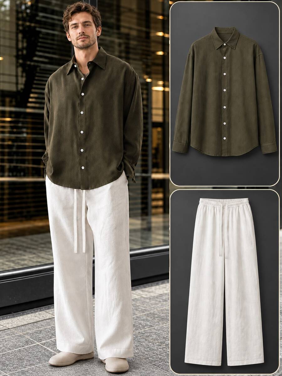 Airaco Men's Solid Color Long Sleeve Shirt And Long Pants Casual Daily Outfit - Multicolor - View 1