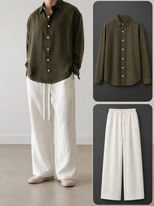 Airaco Men's Solid Color Long Sleeve Shirt And Long Pants Casual Daily Outfit - Multicolor - View 6