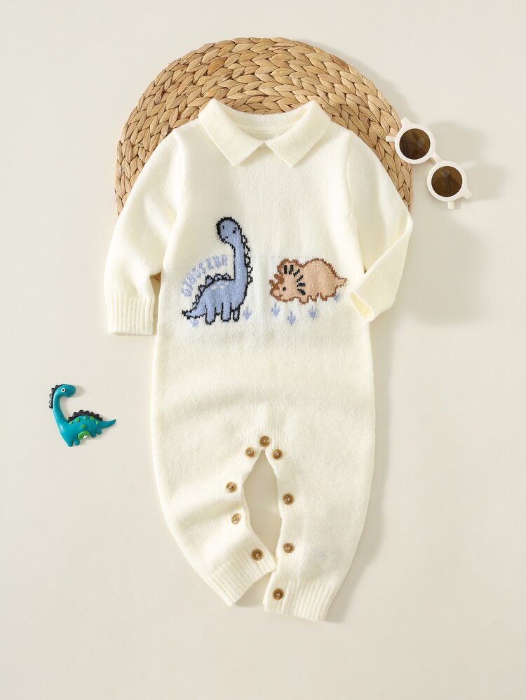 SHEIN Baby Boy Baby Girl Autumn/Winter Cartoon Dinosaur Pattern Knitted Soft Turn-Down Collar Long Sleeve One-Piece Sweater Romper, Cute Baby Sweater Romper, Infant Romper - Apricot - View 4