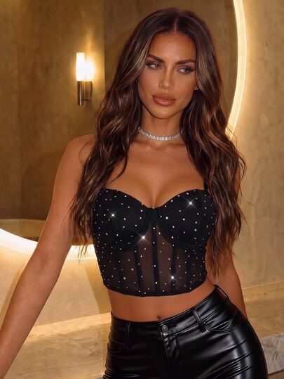 SHEIN Unity Rhinestone-Embellished Herringbone Cropped Camisole For Summer