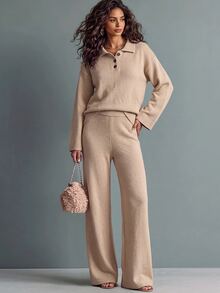 SHEIN French Minimalist Relaxed Knit 2 Pieces Set, Office Casual Loose Polo Collar Long Sleeve Sweater And High-Waist Drape Wide Leg Pants - Apricot - View 7