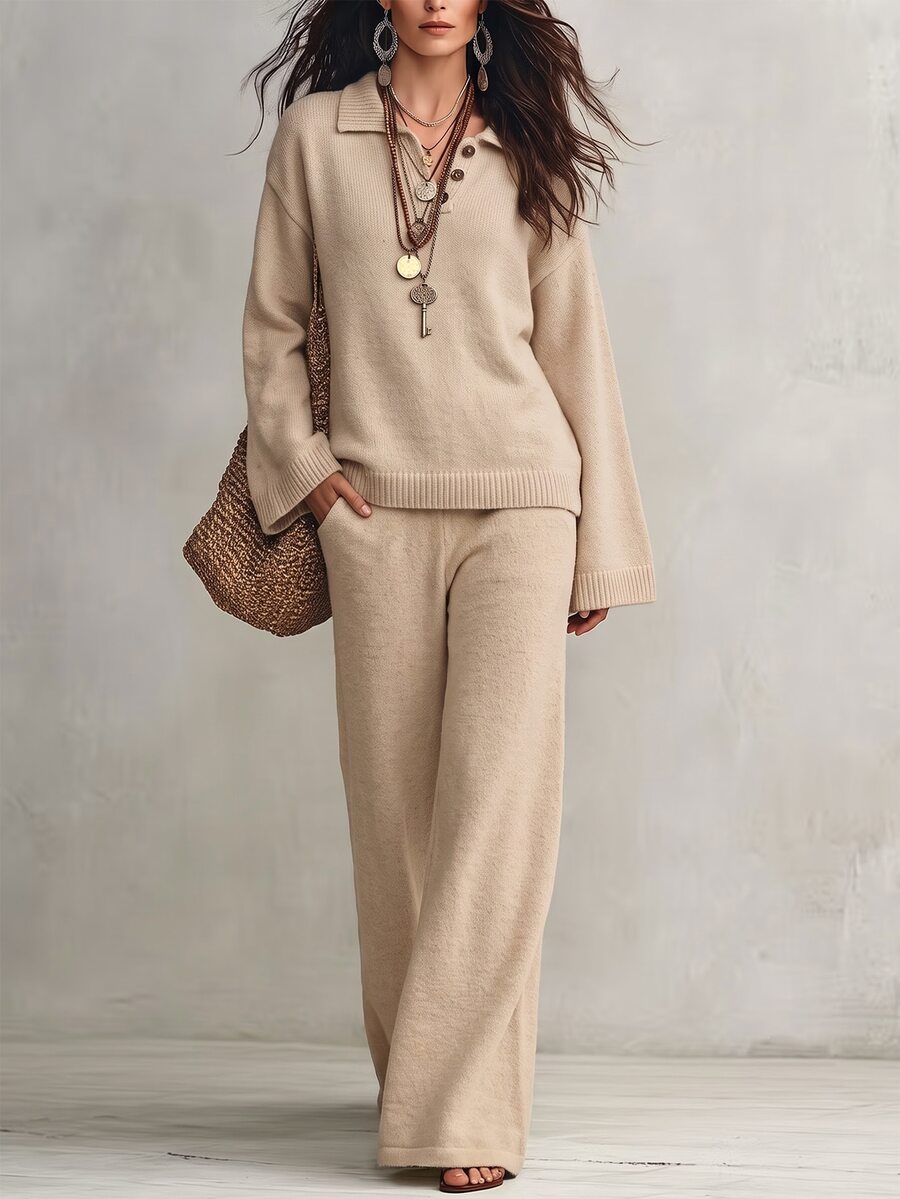SHEIN French Minimalist Relaxed Knit 2 Pieces Set, Office Casual Loose Polo Collar Long Sleeve Sweater And High-Waist Drape Wide Leg Pants - Apricot - View 1
