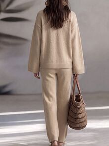 SHEIN French Minimalist Relaxed Knit 2 Pieces Set, Office Casual Loose Polo Collar Long Sleeve Sweater And High-Waist Drape Wide Leg Pants - Apricot - View 2