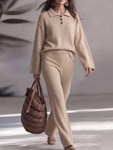 SHEIN French Minimalist Relaxed Knit 2 Pieces Set, Office Casual Loose Polo Collar Long Sleeve Sweater And High-Waist Drape Wide Leg Pants - Apricot - View 5