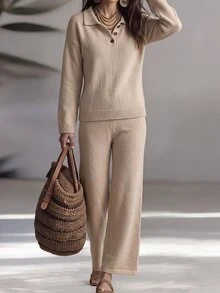 SHEIN French Minimalist Relaxed Knit 2 Pieces Set, Office Casual Loose Polo Collar Long Sleeve Sweater And High-Waist Drape Wide Leg Pants - Apricot - View 4
