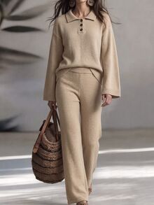 SHEIN French Minimalist Relaxed Knit 2 Pieces Set, Office Casual Loose Polo Collar Long Sleeve Sweater And High-Waist Drape Wide Leg Pants - Apricot - View 3