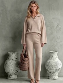 SHEIN French Minimalist Relaxed Knit 2 Pieces Set, Office Casual Loose Polo Collar Long Sleeve Sweater And High-Waist Drape Wide Leg Pants - Apricot - View 6