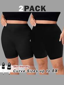 SHEIN CURVE+ 两件套加大码休闲纯色打底裤，夏季/乡村/海滩度假/沙滩/沙滩装 - 黑色 - 查看 9