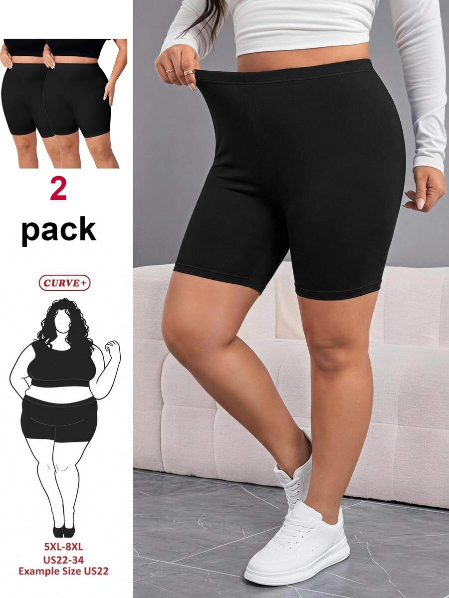 SHEIN CURVE+ 两件套加大码休闲纯色打底裤,夏季/乡村/海滩度假/沙滩/沙滩装 - 黑色 - 查看 1